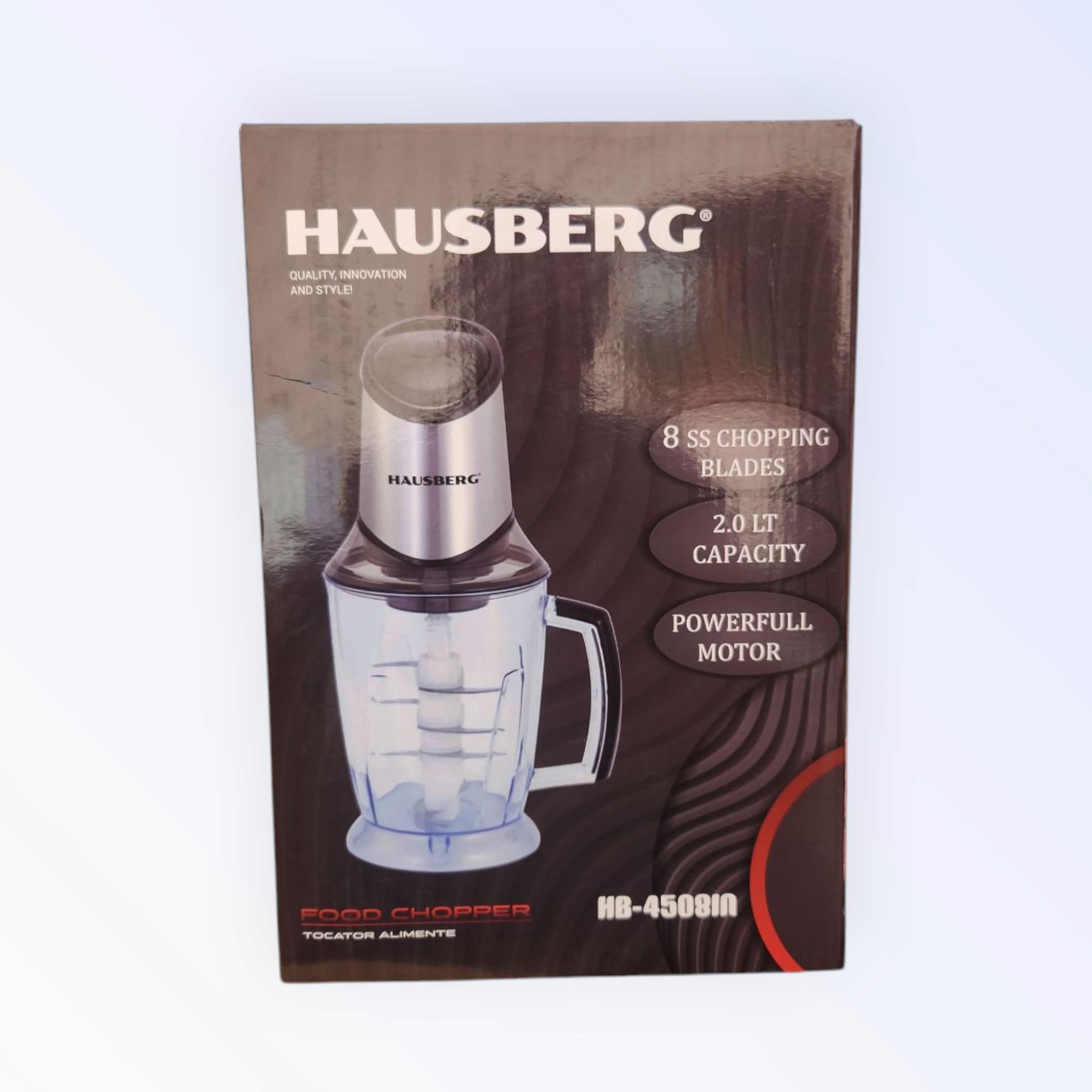 Tocator electric HAUSBERG HB-4508IN, 500-700W, 1 treapta de viteza, 2 litri, bol din plastic, 8 cutite cu lame din otel inoxidabil, argintiu