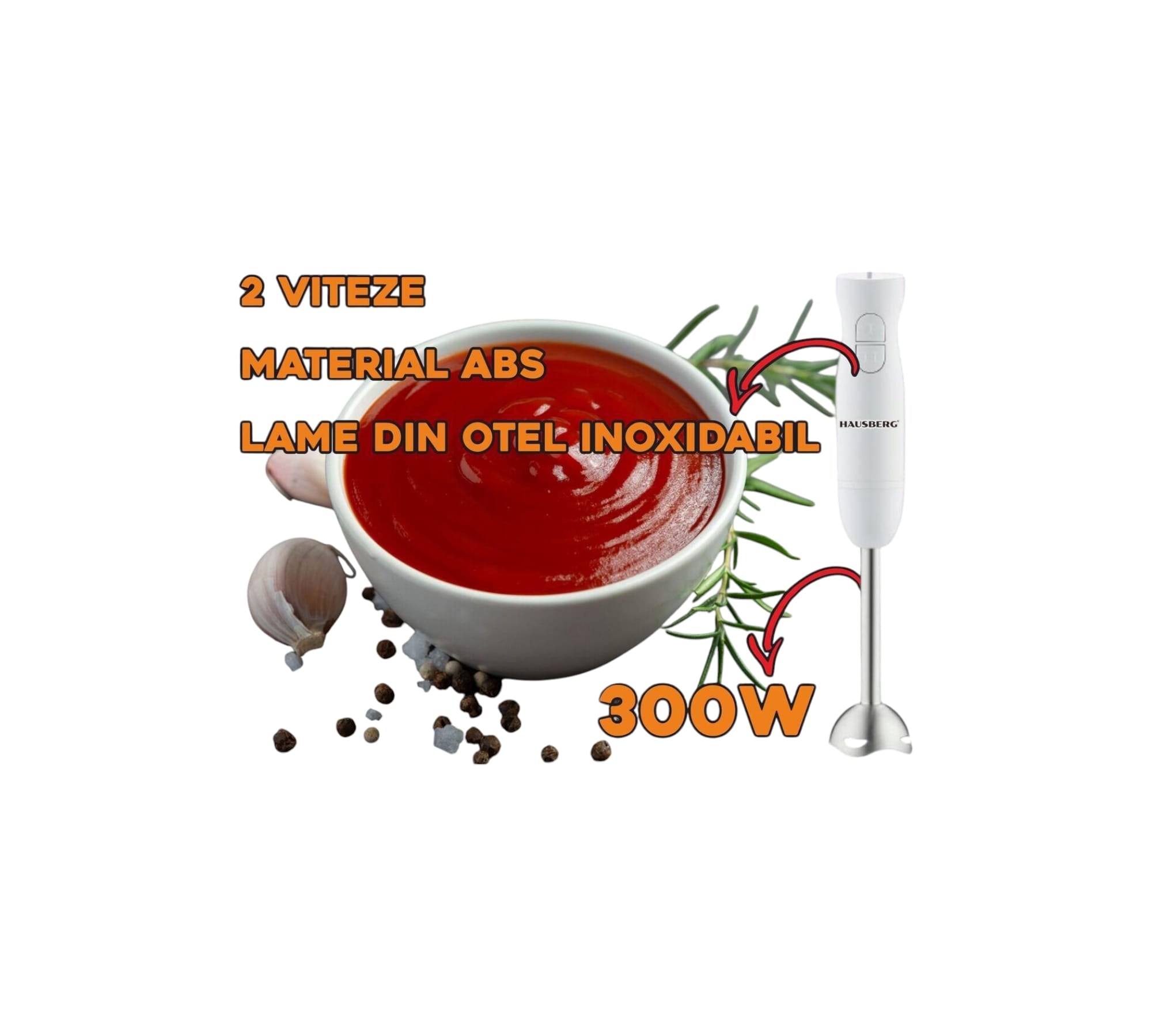 Blender de mana HAUSBERG HB-7674AB, 300W, 2 viteze, material ABS, lame din otel inoxidabil, Alb