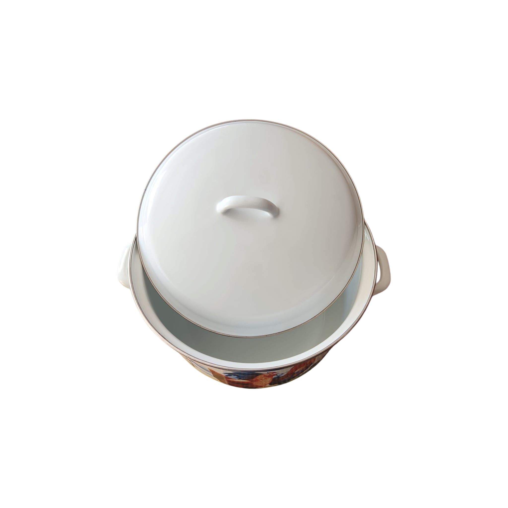 Oala joasa emailata, bord inox, cu capac, decor, capacitate 10 litri, diametru 28 cm
