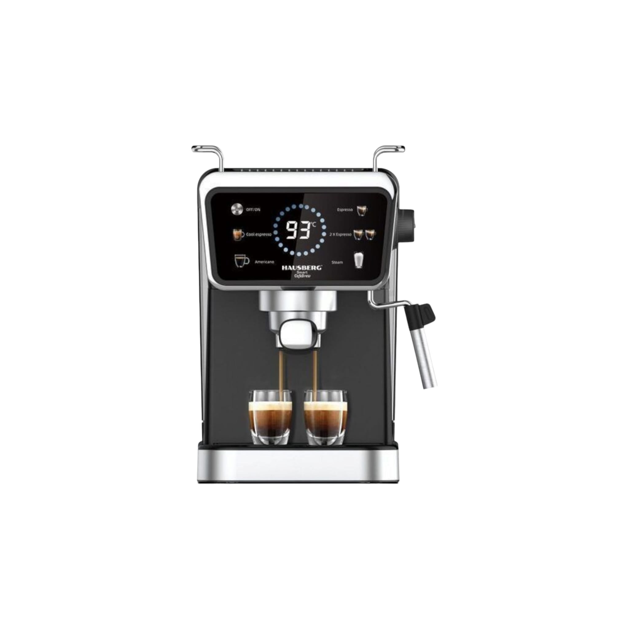 Espressor 2 in 1 HAUSBERG HB-3730IN, Hot & Cold, 20 bari, 1350 W, 1, 5 L, Protectie la Supraincalzire si Suprapresiune, ERP, NTC, PID, Timer, Display, Spumare, Cafea macinata si capsule