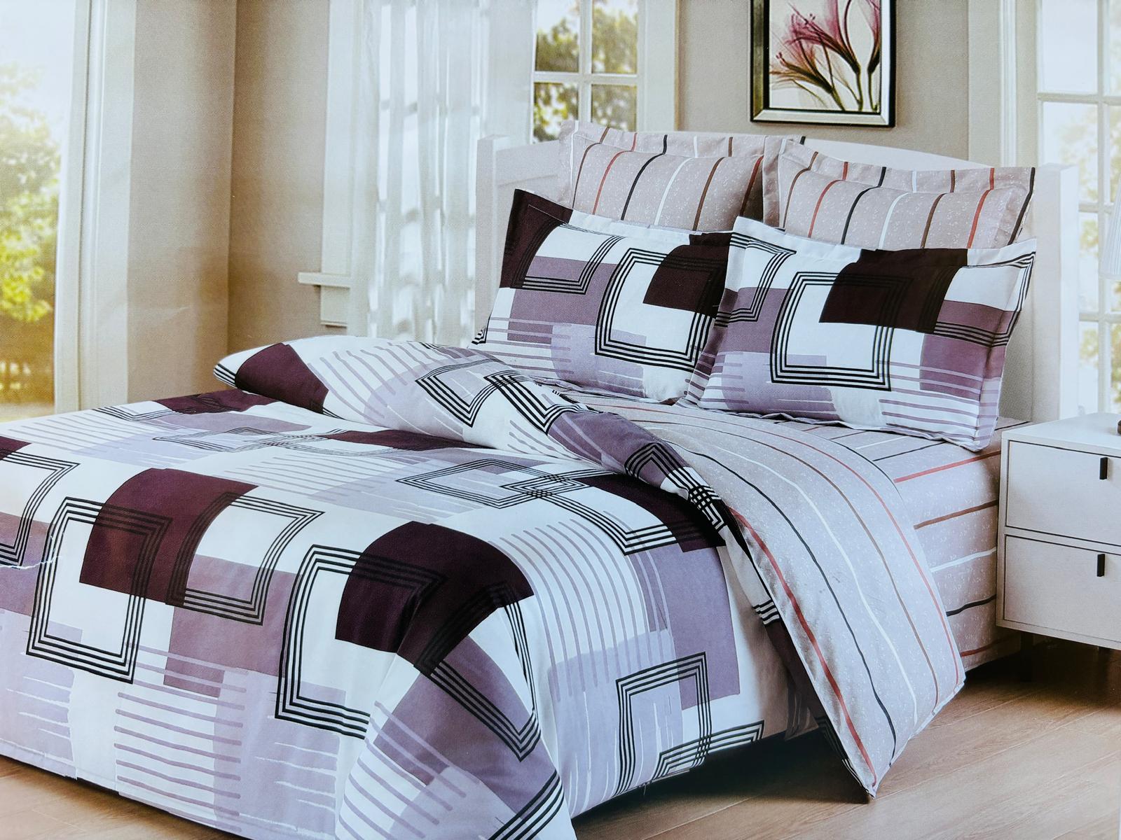 Lenjerie de pat FINET 6 piese, 2 persoane – CEARȘAF FĂRĂ ELASTIC „Urban Geo Purple” 🟣