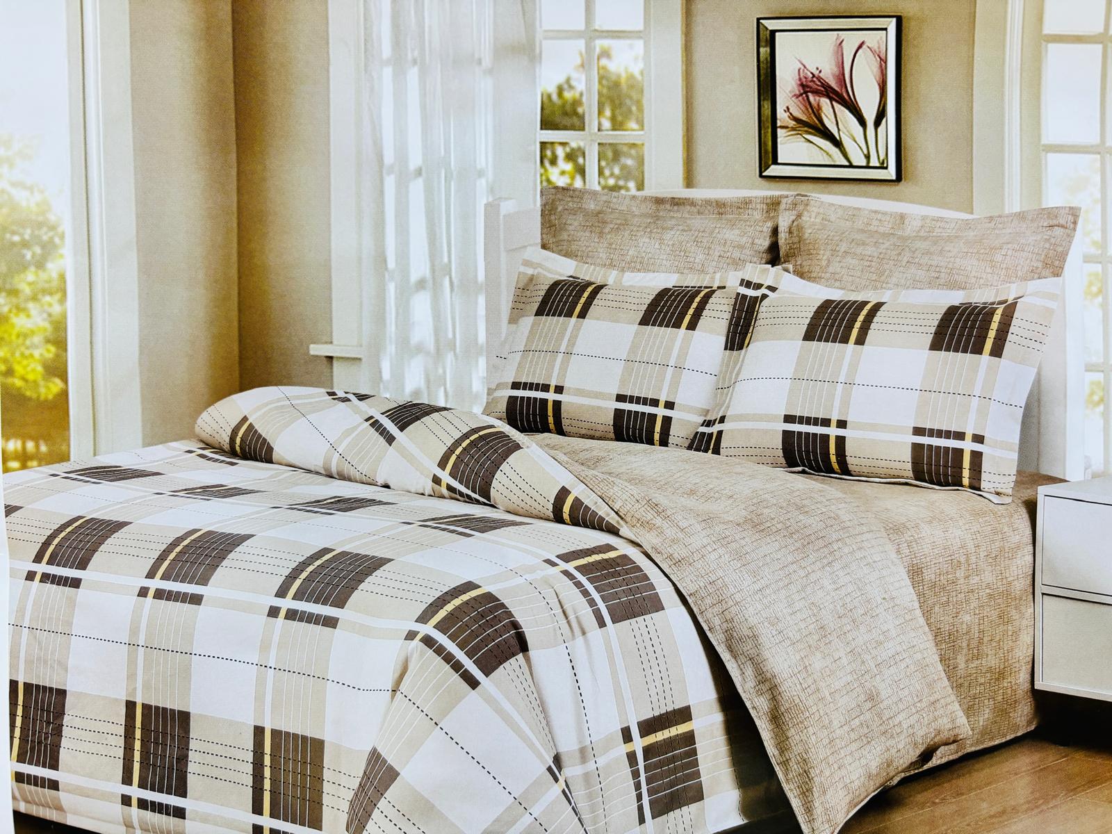 Lenjerie de pat FINET 6 piese, 2 persoane – CEARȘAF FĂRĂ ELASTIC „Beige Check Classic” 🤎🧵