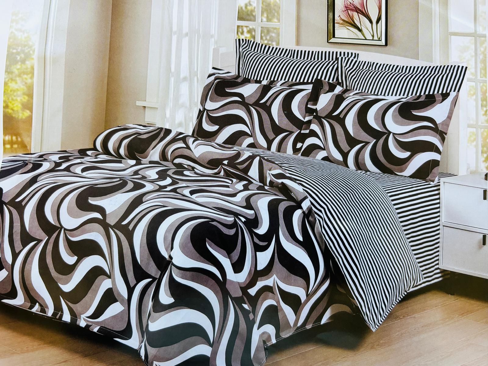 Lenjerie de pat FINET 6 piese, 2 persoane – cearșaf clasic (fără elastic) „Zebra Mono Waves” 🖤🤍