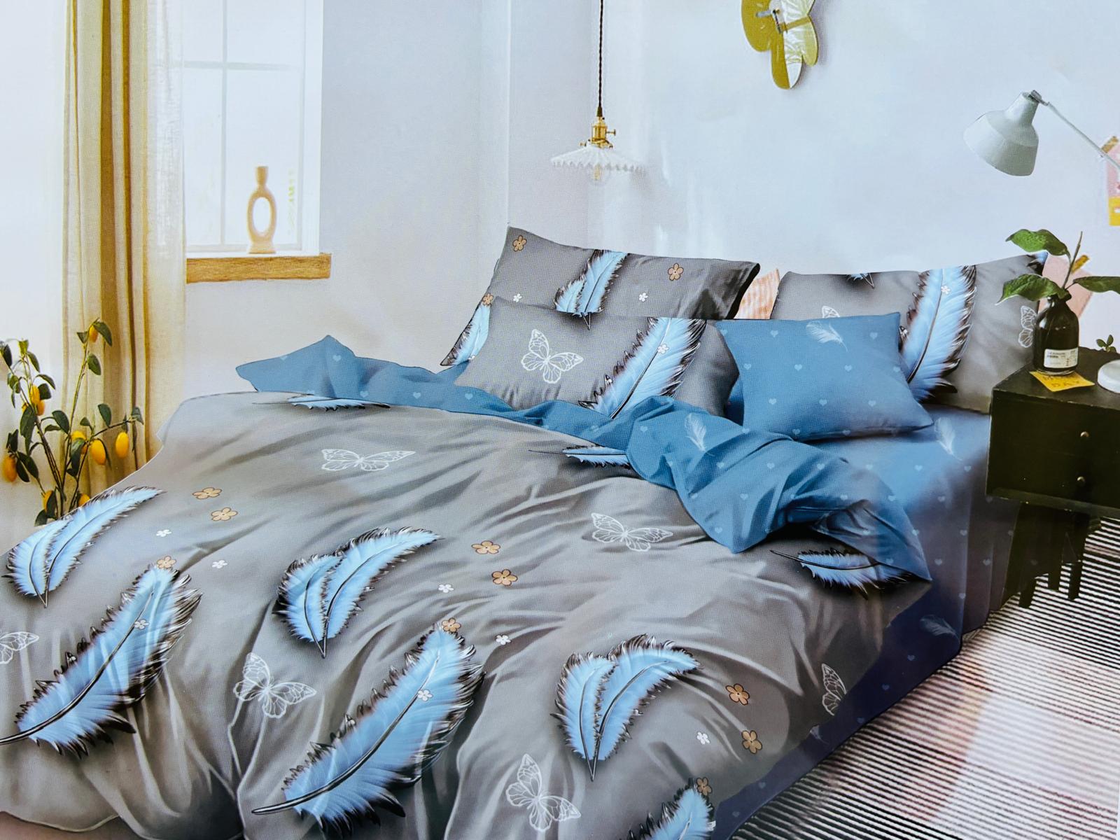 Lenjerie de pat FINET 6 piese, 2 persoane – CEARȘAF FĂRĂ ELASTIC „Grey Blue Feathers” 💙🪶
