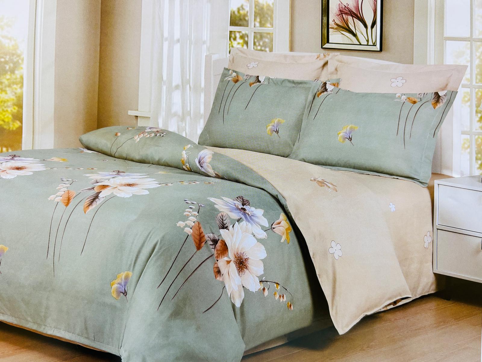 Lenjerie de pat FINET 6 piese, 2 persoane – cearșaf clasic (fără elastic) „Sage Blossom” 🌿🌼