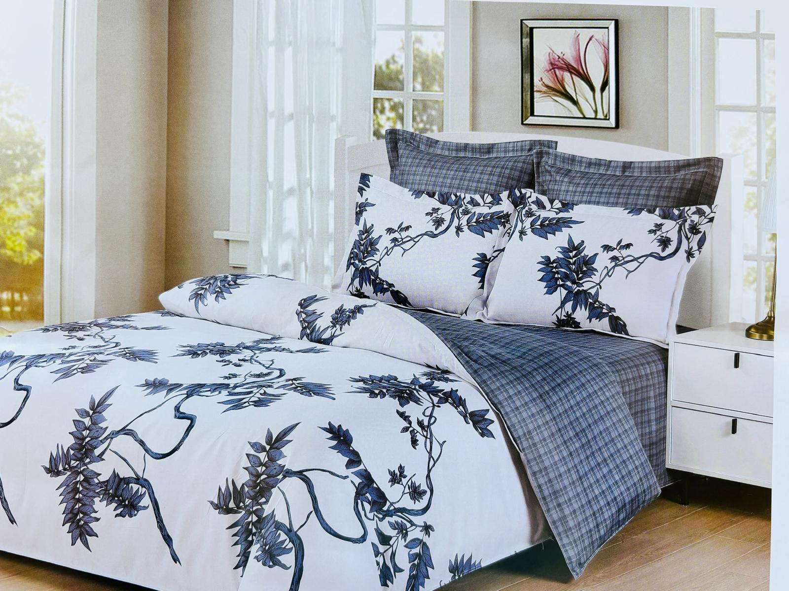 Lenjerie de pat FINET 6 piese, 2 persoane – cearșaf clasic (fără elastic) „Blue Vine & Grey Plaid” 💙🩶