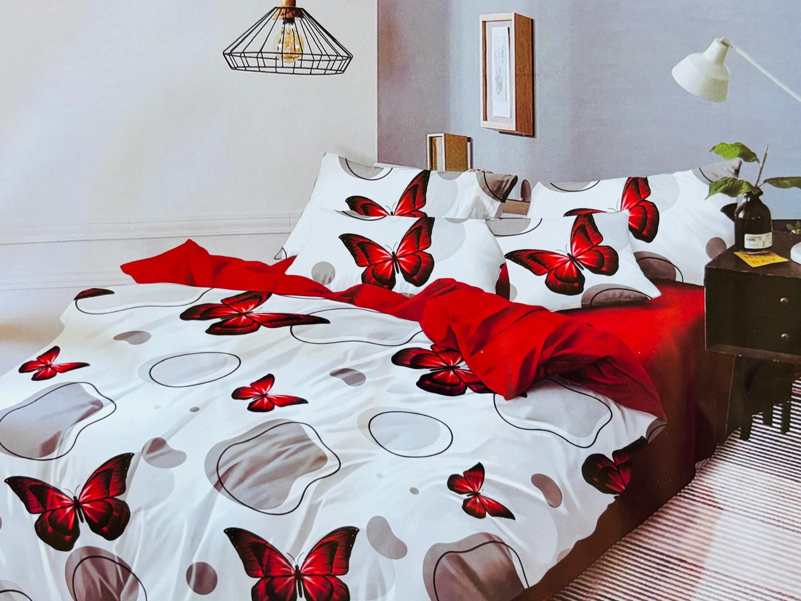 Lenjerie de pat FINET 6 piese, 2 persoane – cearșaf clasic (fără elastic) „Red Butterflies” ❤️🦋