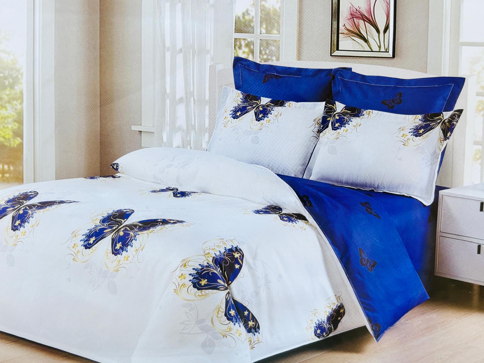 Lenjerie de pat FINET 6 piese, 2 persoane – cearșaf clasic (fără elastic) „Royal Blue Butterflies” 💙🦋