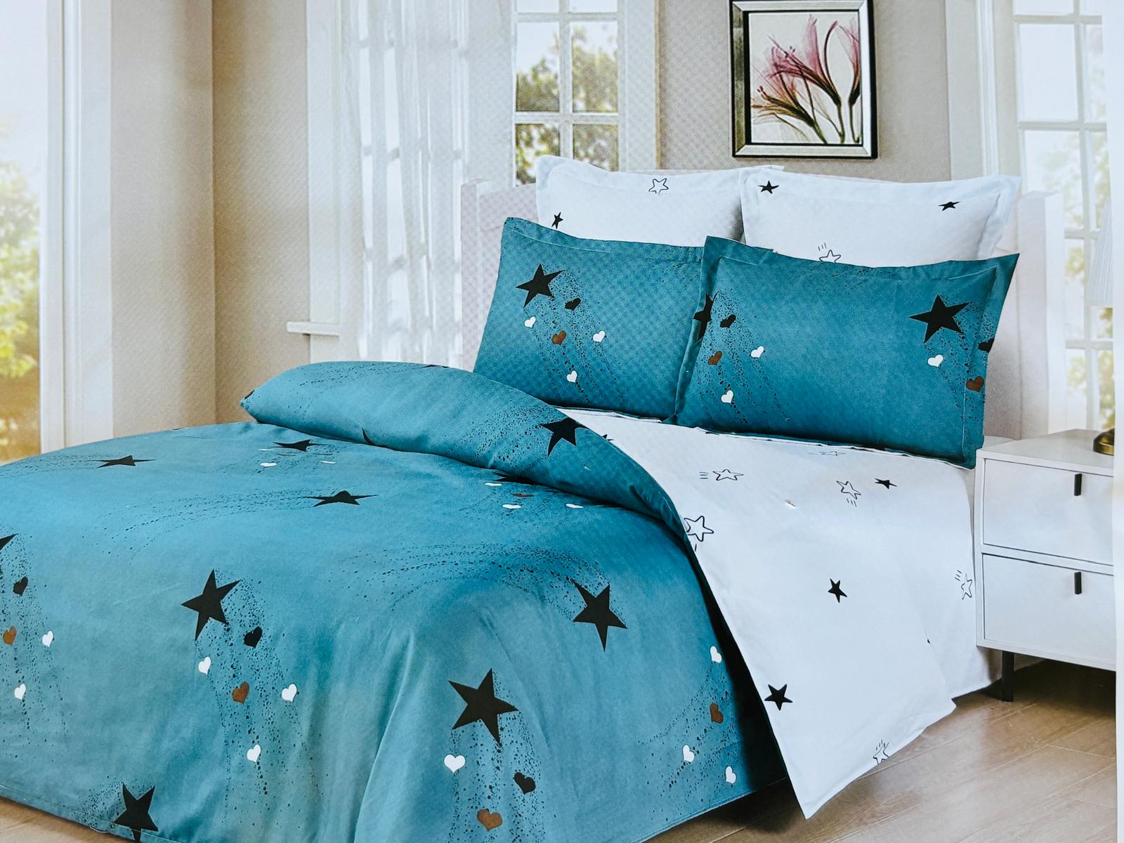 Lenjerie de pat FINET 6 piese, 2 persoane – cearșaf clasic (fără elastic) „Teal Starry Night” ⭐💙