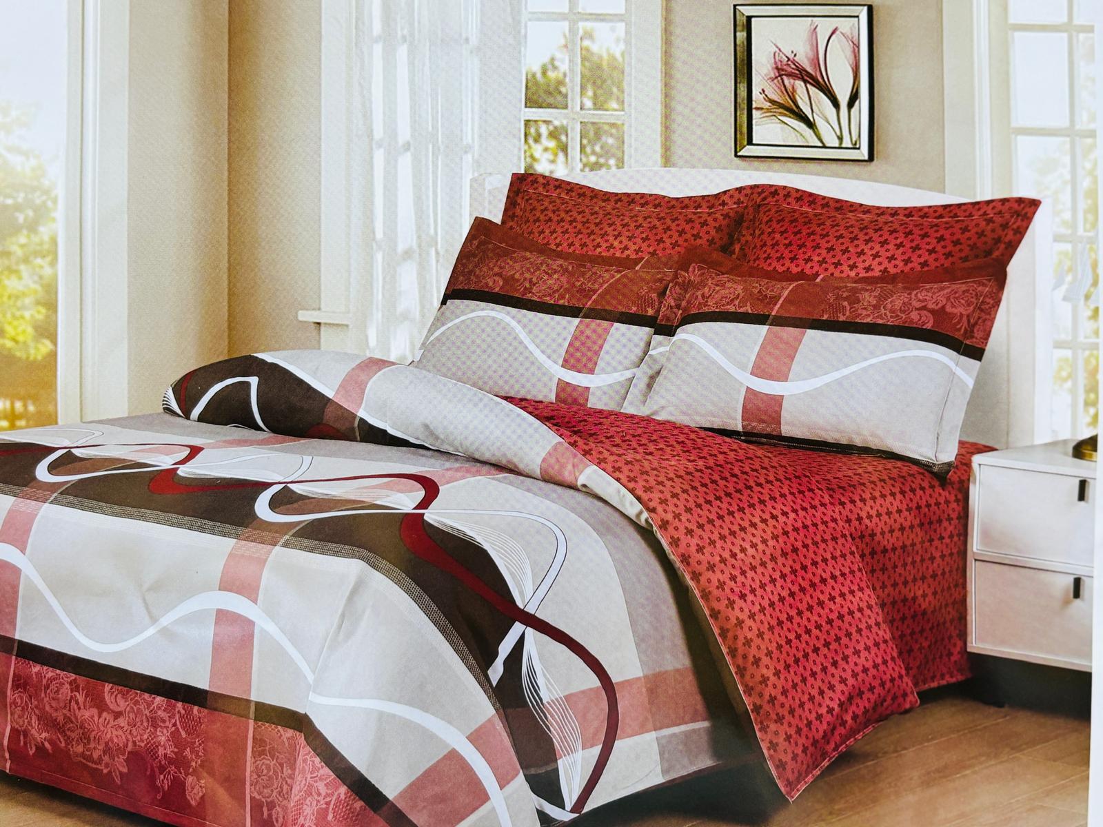 Lenjerie de pat FINET 6 piese, 2 persoane – cearșaf clasic (fără elastic) „Burgundy Geo Waves” ❤️🩶