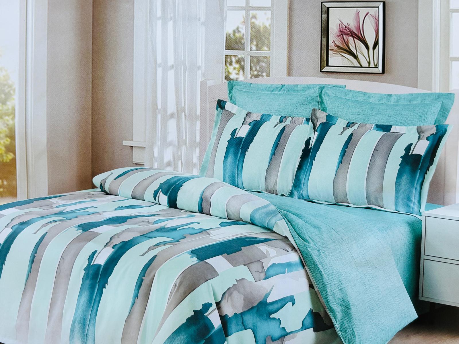 Lenjerie de pat FINET 6 piese, 2 persoane – cearșaf clasic (fără elastic) „Aqua Brush Stripes” 💧🌿