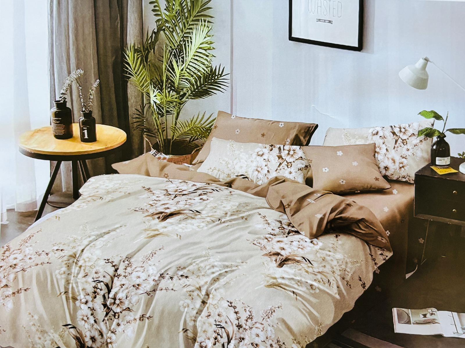 Lenjerie de pat FINET 6 piese, 2 persoane – CEARȘAF CU ELASTIC „Beige Blossom” 🤎🌼