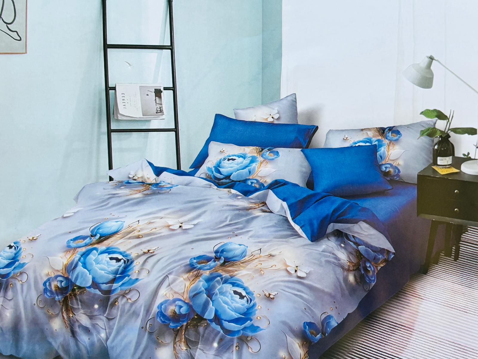 Lenjerie de pat FINET 6 piese, 2 persoane – CEARȘAF CU ELASTIC „Blue Peony” 💙🌸