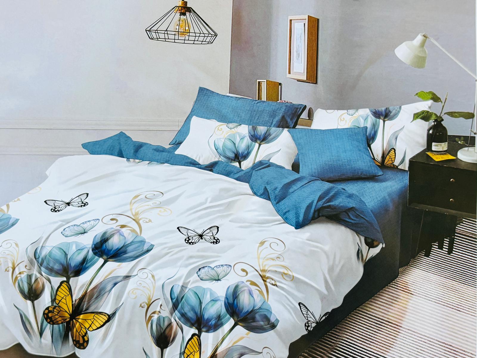 Lenjerie de pat FINET 6 piese, 2 persoane – CEARȘAF CU ELASTIC „Blue Tulips & Butterflies” 🦋💙