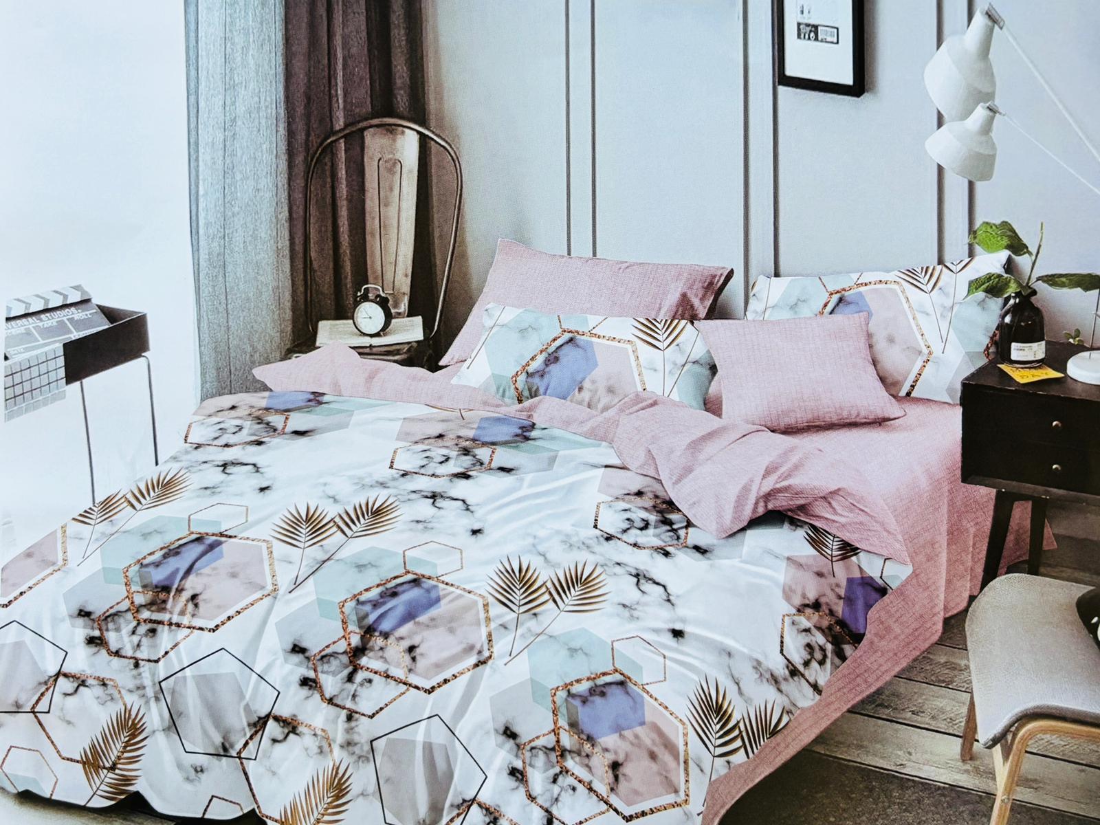 Lenjerie de pat FINET 6 piese, 2 persoane – CEARȘAF CU ELASTIC „Marble Geo Pink” 💗✨