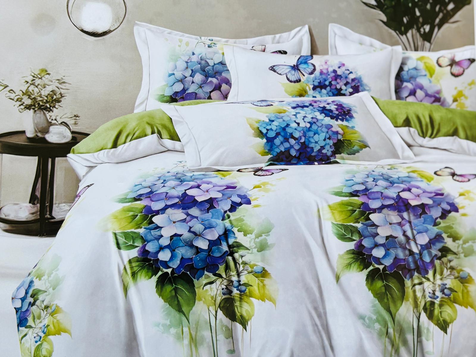 Lenjerie de pat FINET 6 piese, 2 persoane – CEARȘAF CU ELASTIC „Hydrangea & Butterflies” 💙🦋