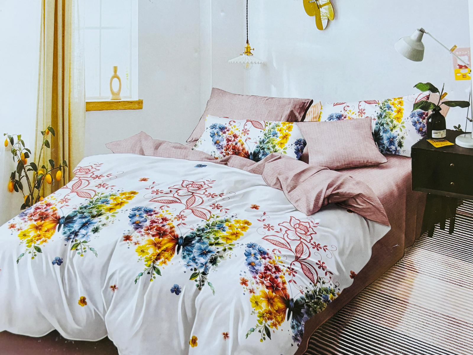 Lenjerie de pat FINET 6 piese, 2 persoane – CEARȘAF CU ELASTIC „Butterfly Bouquet Rose” 🦋🌸