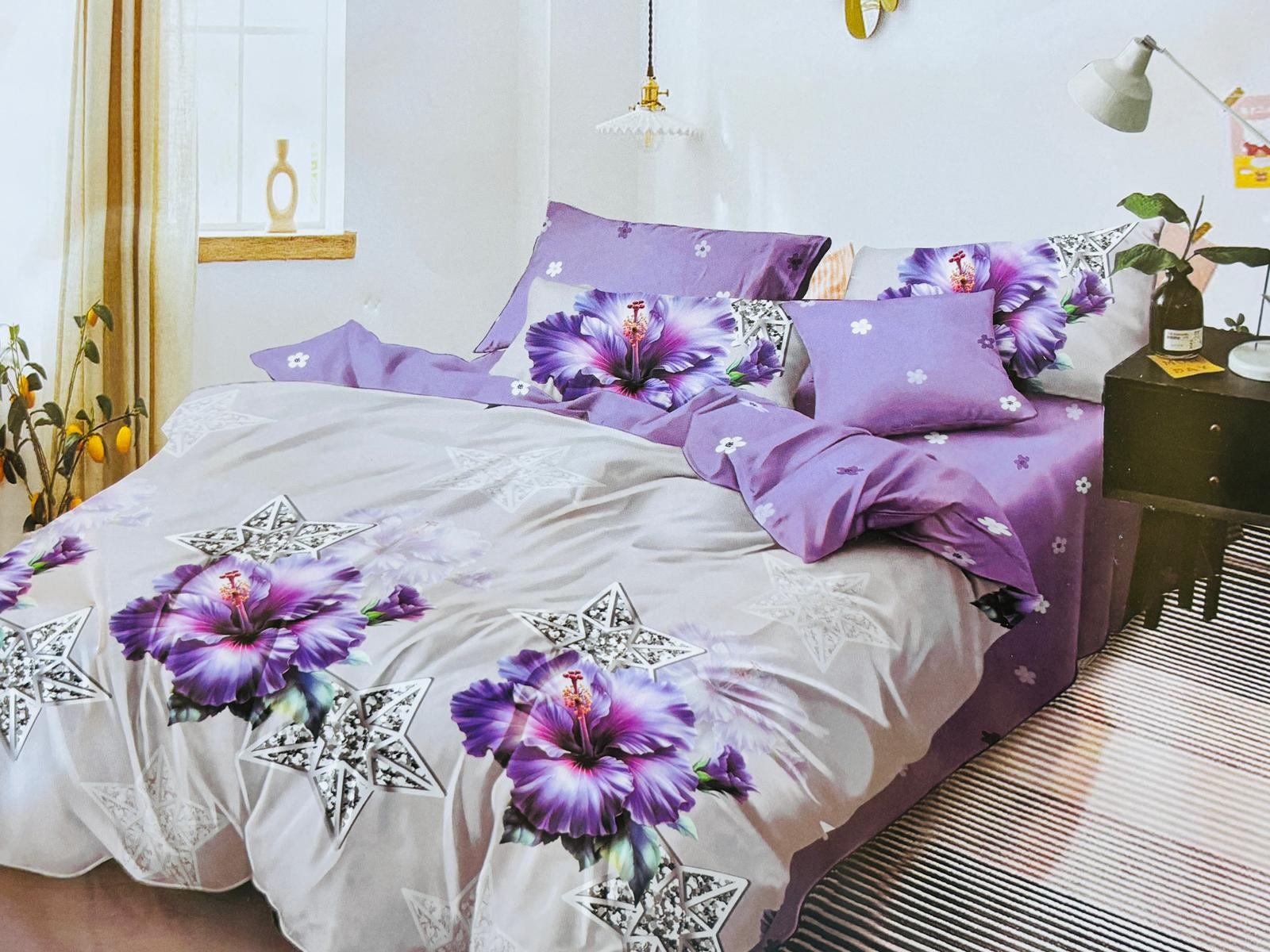 Lenjerie de pat FINET 6 piese, 2 persoane – CEARȘAF CU ELASTIC „Amethyst Starflower” 💜✨
