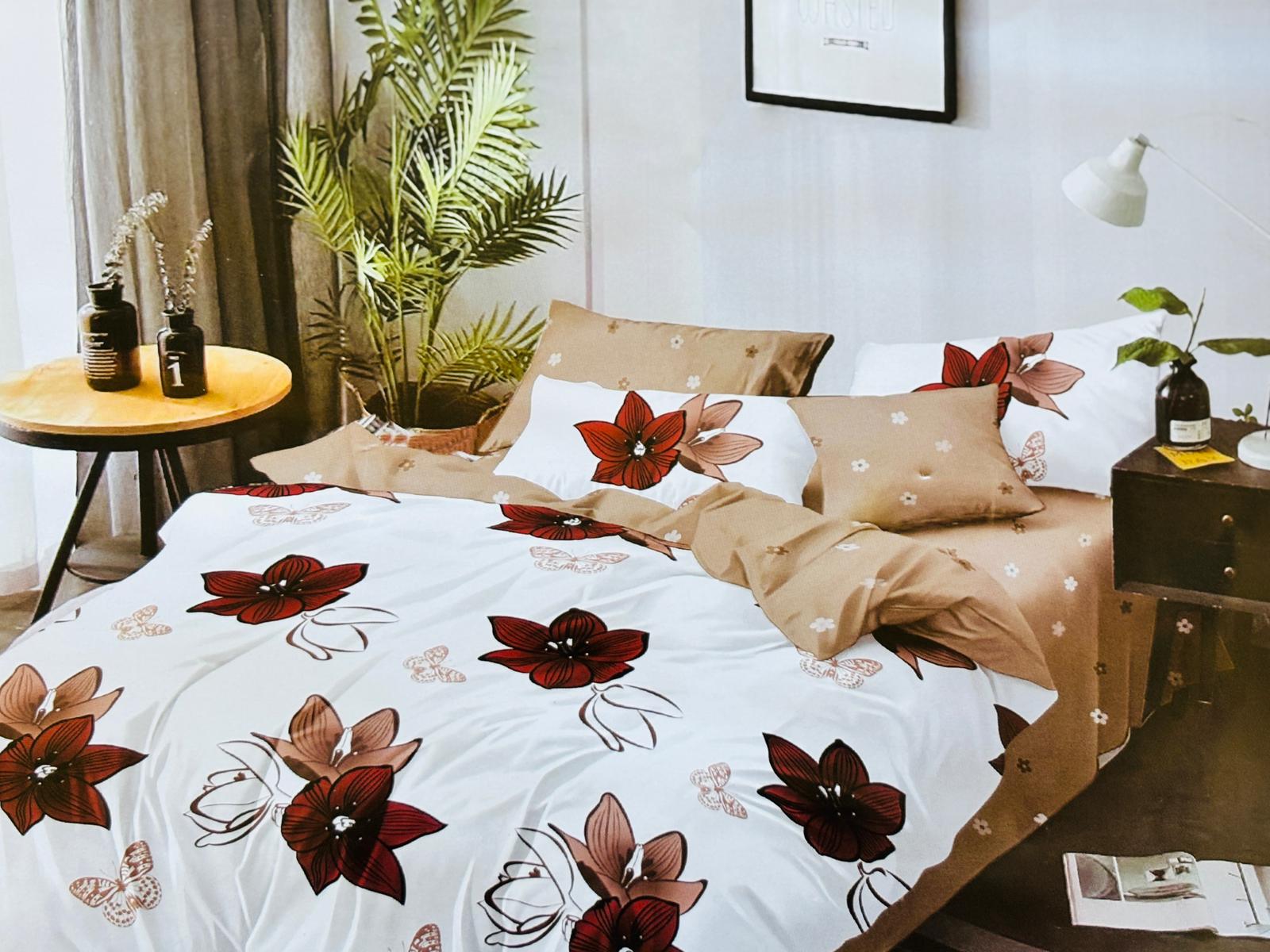 Lenjerie de pat FINET 6 piese, 2 persoane – CEARȘAF CU ELASTIC „Cappuccino Blossom” 🤎🌺