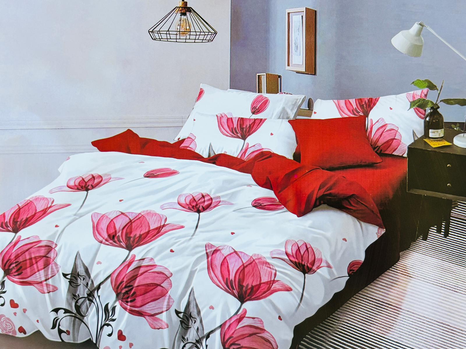 Lenjerie de pat FINET 6 piese, 2 persoane – CEARȘAF CU ELASTIC „Tulip Red Love” ❤️🌷