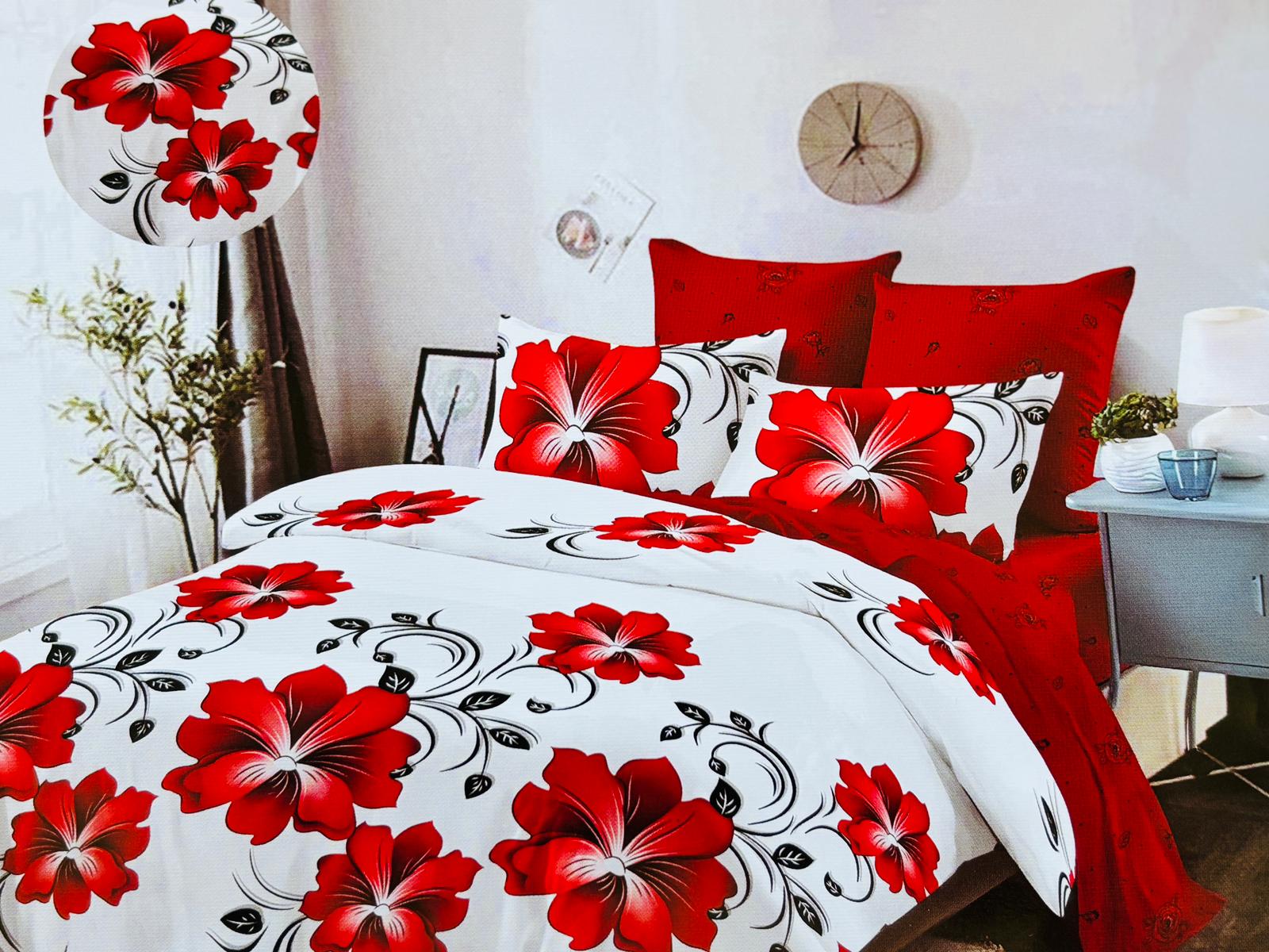 Lenjerie de pat FINET 6 piese, 2 persoane – CEARȘAF CU ELASTIC „Red Hibiscus” ❤️🌺