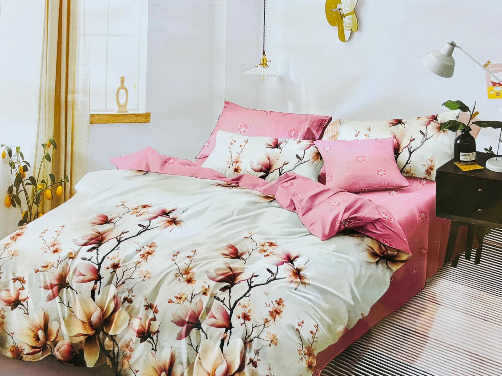 Lenjerie de pat FINET 6 piese, 2 persoane – CEARȘAF CU ELASTIC „Pink Magnolia Blossom” 💗🌸