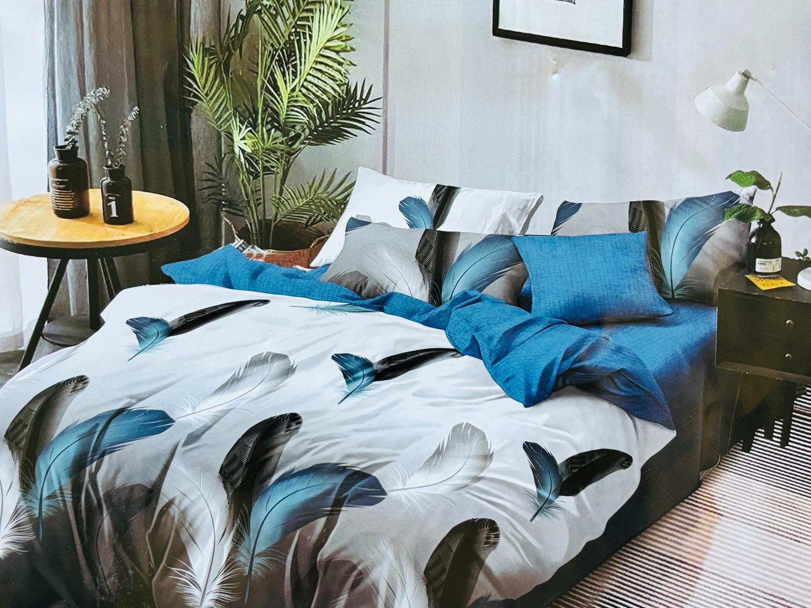 Lenjerie de pat FINET 6 piese, 2 persoane – CEARȘAF CU ELASTIC „Blue Feathers” 💙🪶