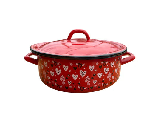 Set 3 piese oale & cratiță emailate (7 L + 2 L + 2,5 L) – roșu + CADOU ibric emailat 1,5 L
