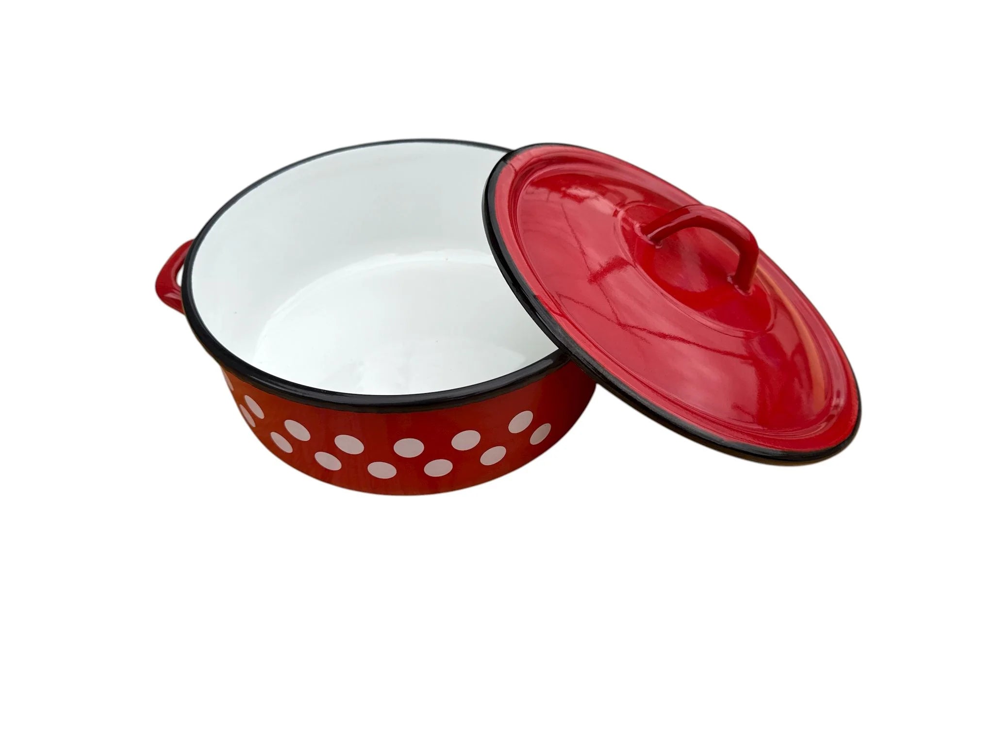 Set 3 piese oale & cratiță emailate cu capac (8 L + 3,5 L + 5 L) – roșu cu buline + CADOU paletă & pensulă silicon