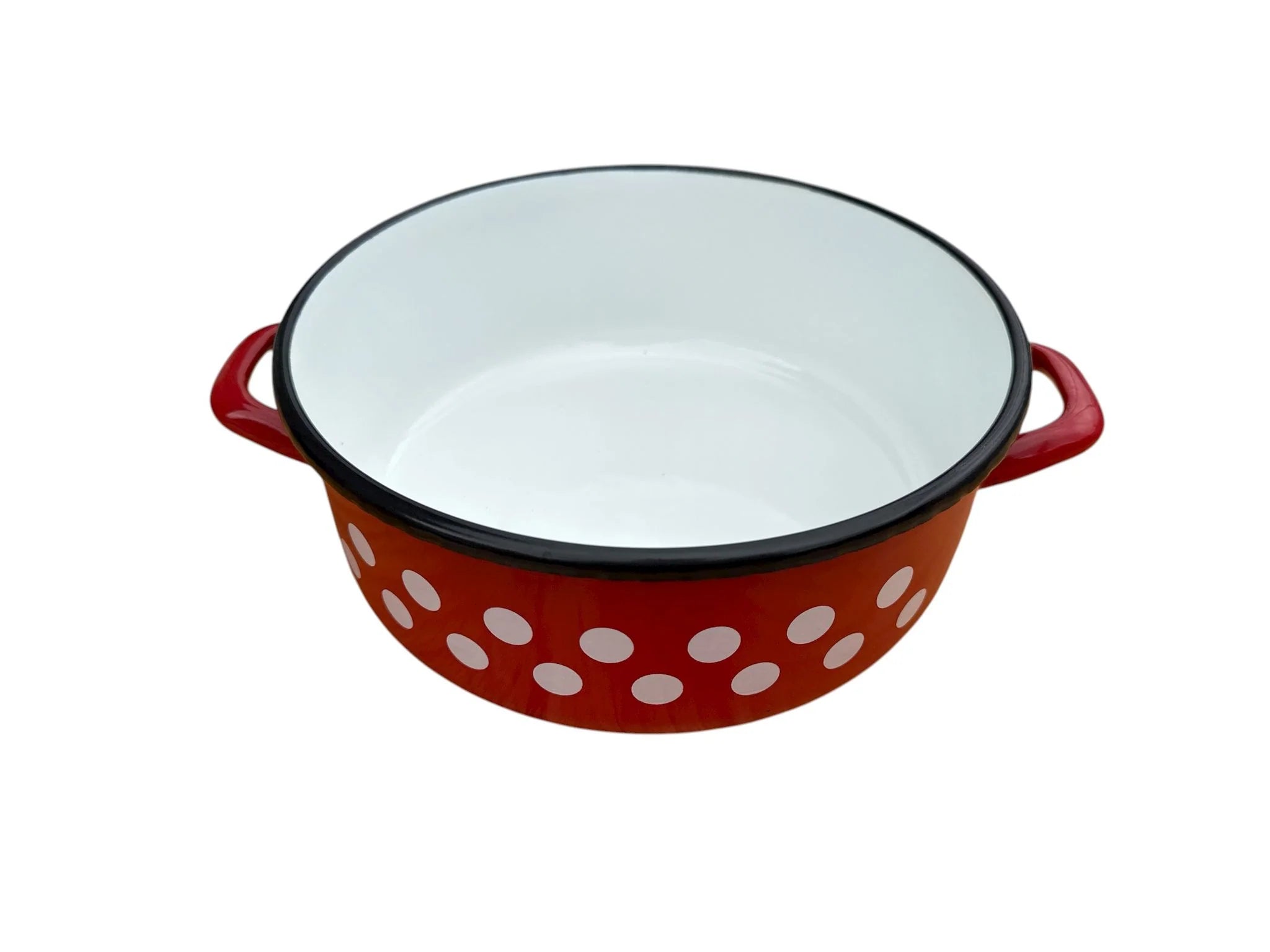 Set 3 piese oale & cratiță emailate cu capac (8 L + 3,5 L + 5 L) – roșu cu buline + CADOU paletă & pensulă silicon