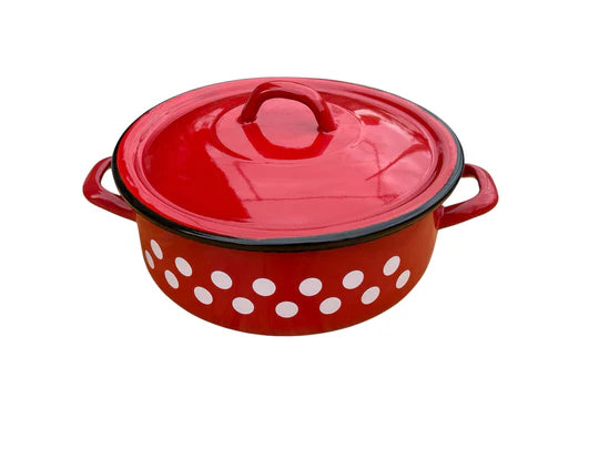 Set 3 piese oale & cratiță emailate cu capac (8 L + 3,5 L + 5 L) – roșu cu buline + CADOU paletă & pensulă silicon