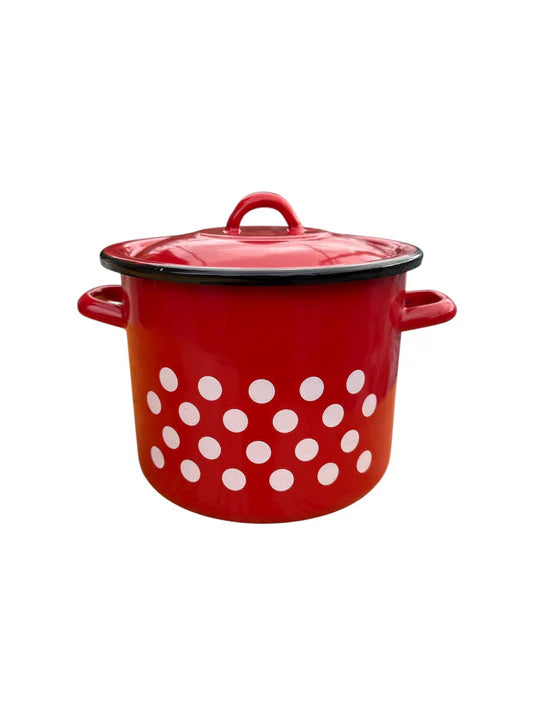 Set 3 piese oale & cratiță emailate cu capac (8 L + 3,5 L + 5 L) – roșu cu buline + CADOU paletă & pensulă silicon