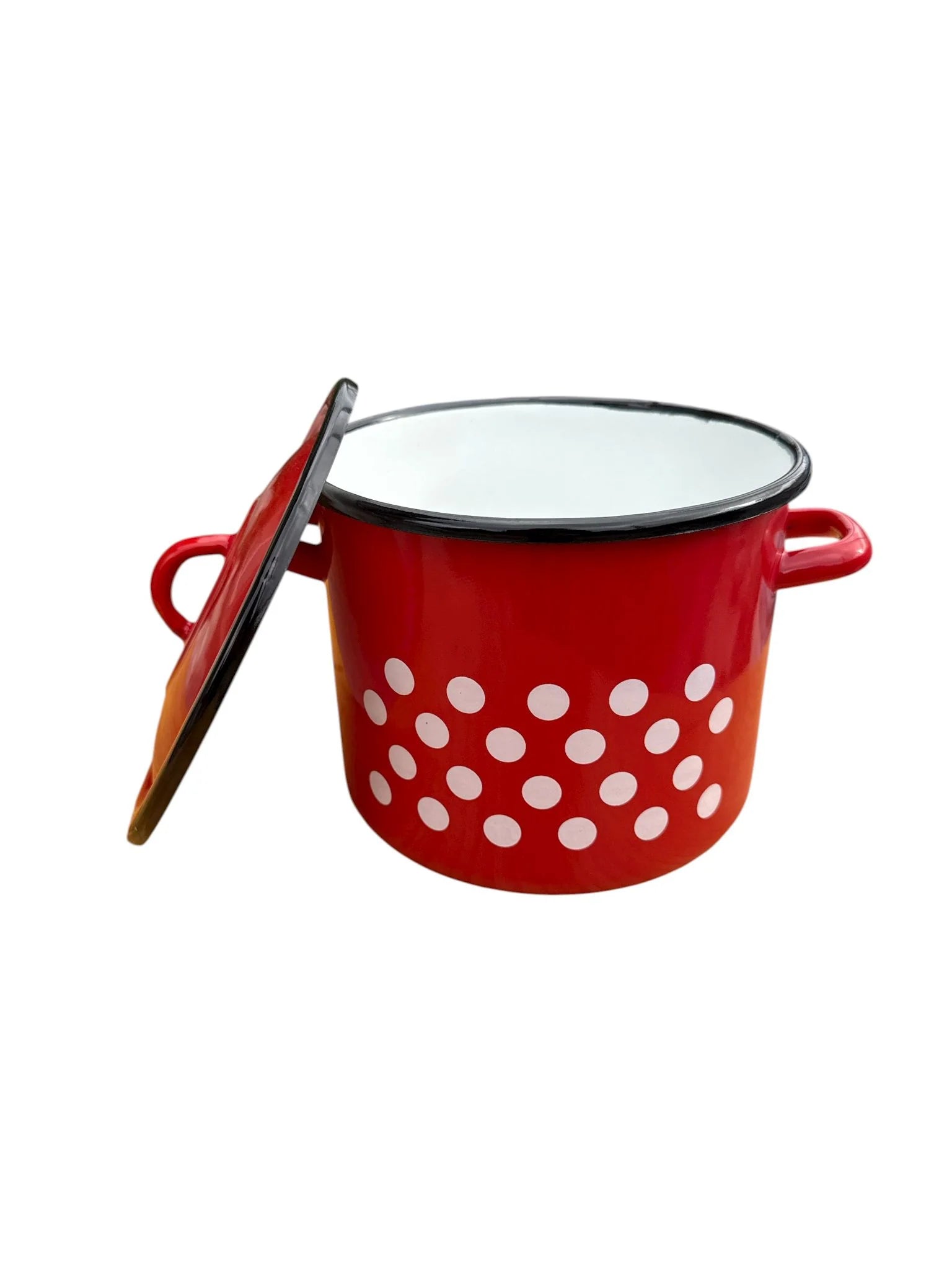 Set 3 piese oale & cratiță emailate cu capac (8 L + 3,5 L + 5 L) – roșu cu buline + CADOU paletă & pensulă silicon