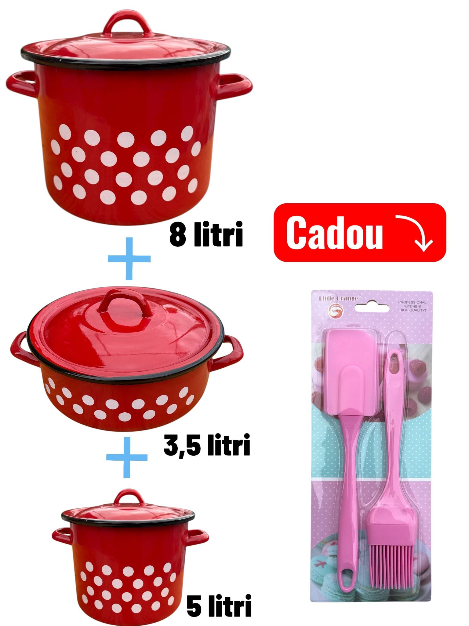 Set 3 piese oale & cratiță emailate cu capac (8 L + 3,5 L + 5 L) – roșu cu buline + CADOU paletă & pensulă silicon