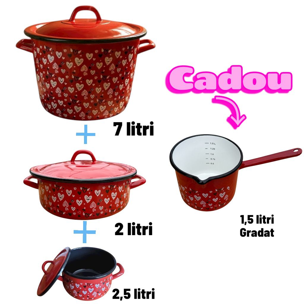 Set 3 piese oale & cratiță emailate (7 L + 2 L + 2,5 L) – roșu + CADOU ibric emailat 1,5 L