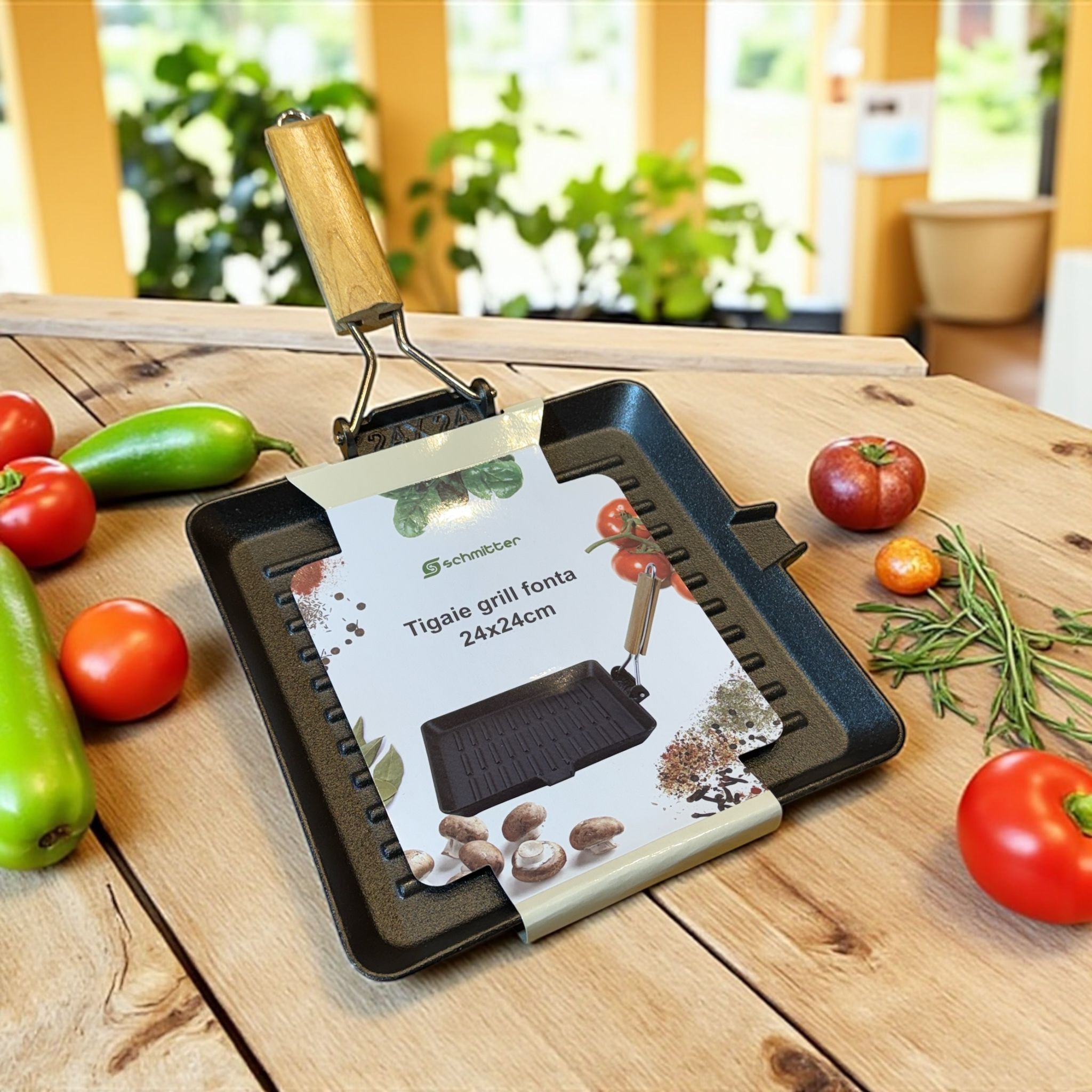 🟤 Tigaie Grill din Fontă Schmitter 24x24 cm – Cu Mâner Detasabil din Lemn 🔥