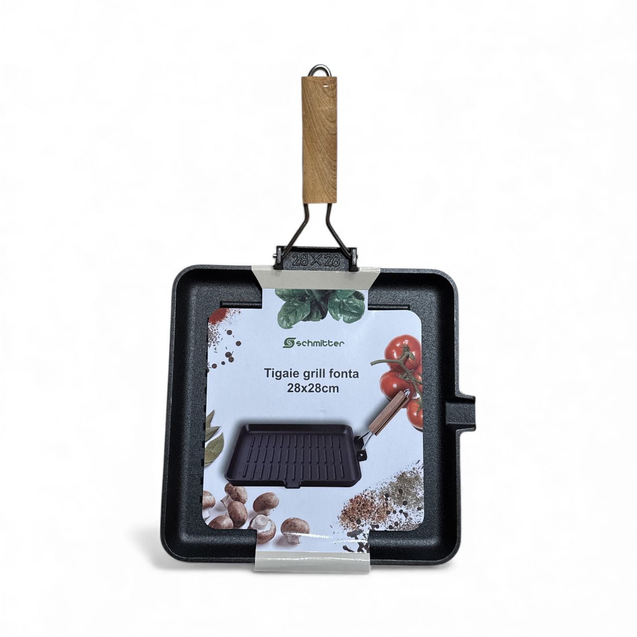🔥 Tigaie Grill din Fontă Schmitter 28x28 cm – Mâner Detasabil din Lemn 🍖