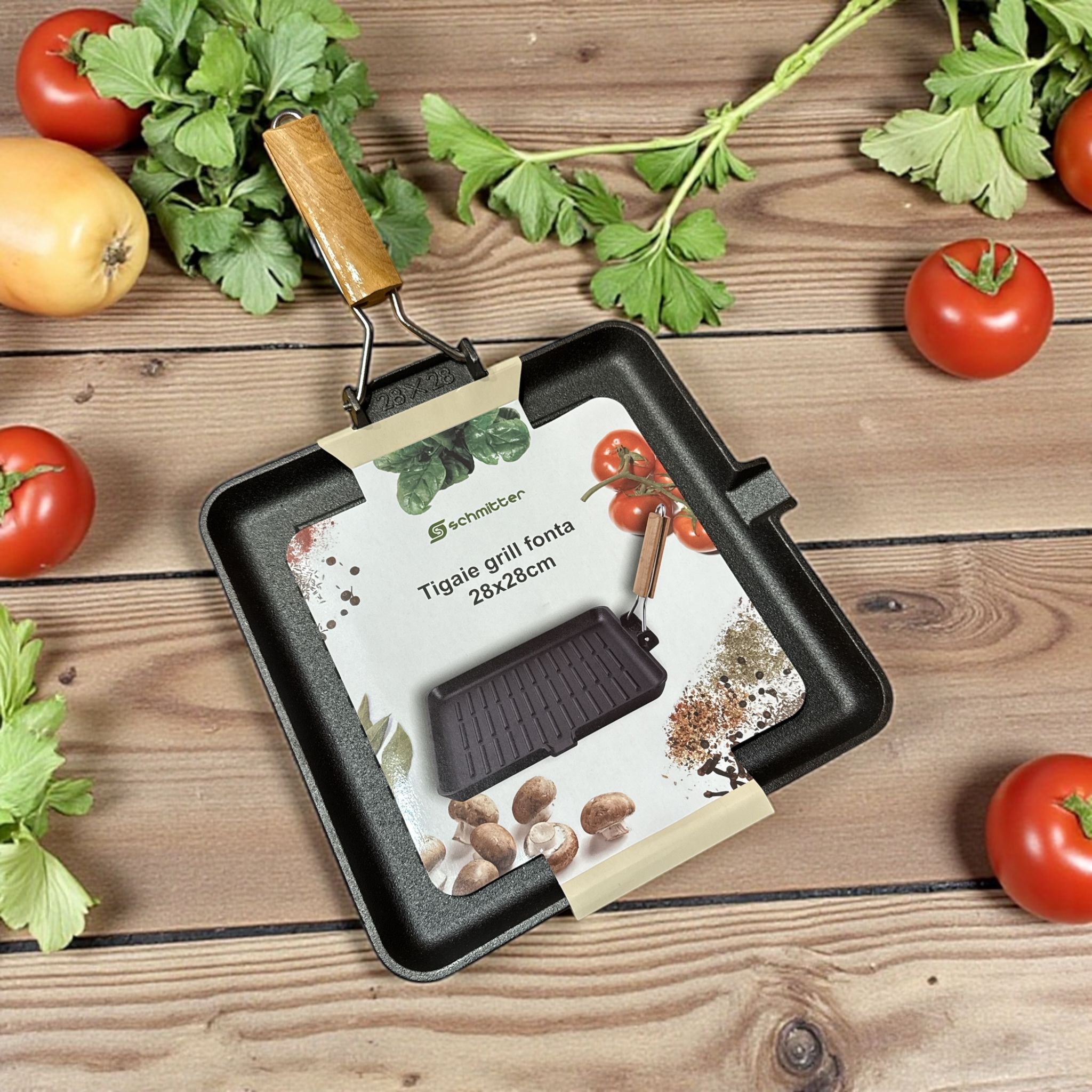 🔥 Tigaie Grill din Fontă Schmitter 28x28 cm – Mâner Detasabil din Lemn 🍖