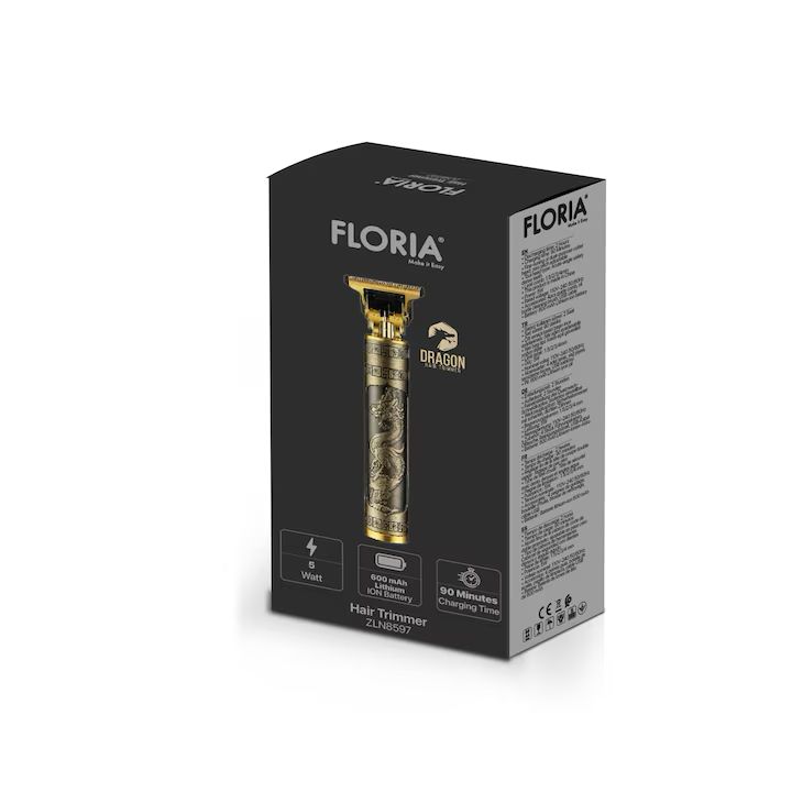 Mașină de tuns profesională Floria Dragon – Design Metalic, Reîncărcabilă USB, Lame din Oțel, 4 Piepteni de Ghidaj