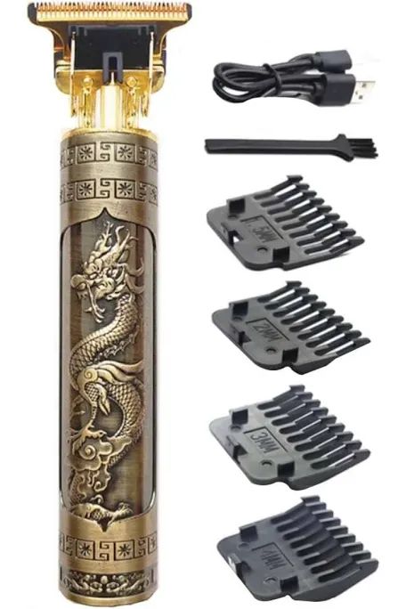 Mașină de tuns profesională Floria Dragon – Design Metalic, Reîncărcabilă USB, Lame din Oțel, 4 Piepteni de Ghidaj