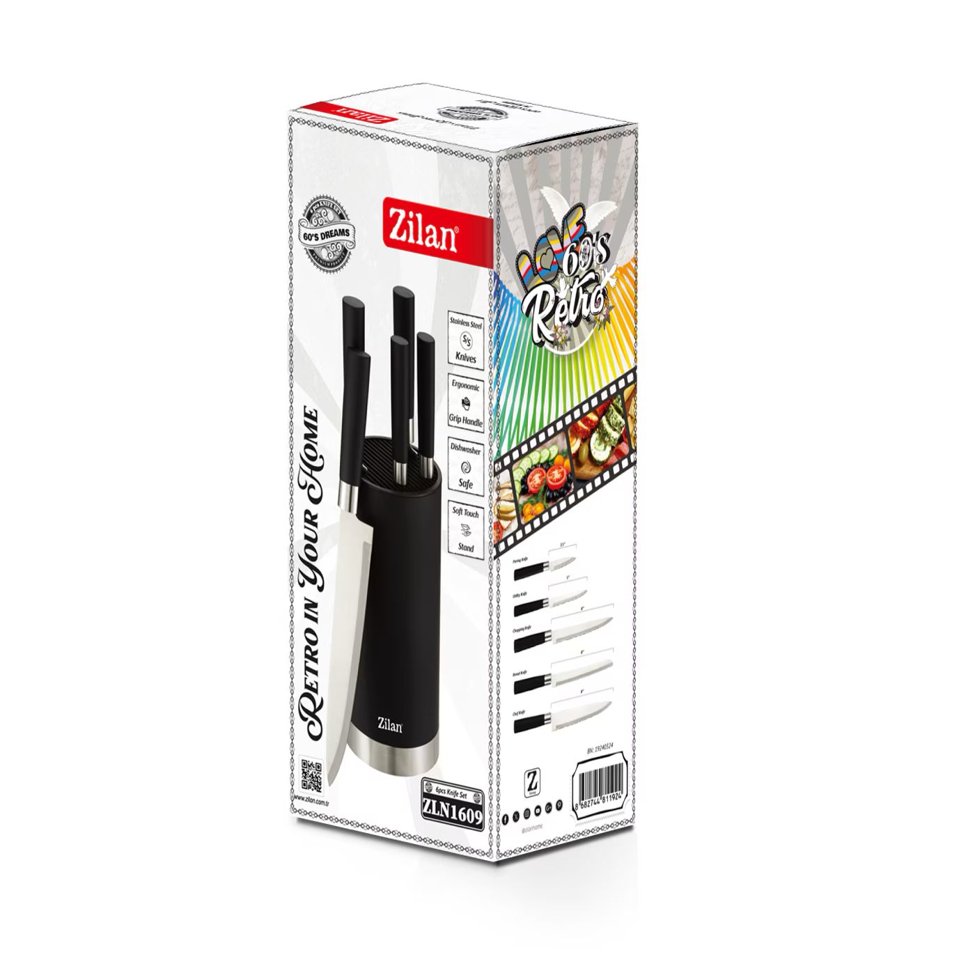 Set cuțite Zilan ZLN1609 – 6 piese din inox cu suport elegant, design retro 🖤