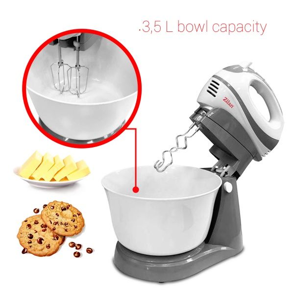 Mixer cu bol Zilan ZLN 8419 – 300W, 5 viteze + funcție Turbo, bol rotativ 2.5L, 2 seturi de teluri din inox, design 2 în 1 🧁