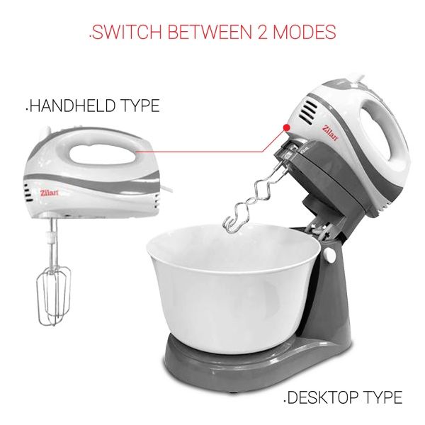 Mixer cu bol Zilan ZLN 8419 – 300W, 5 viteze + funcție Turbo, bol rotativ 2.5L, 2 seturi de teluri din inox, design 2 în 1 🧁