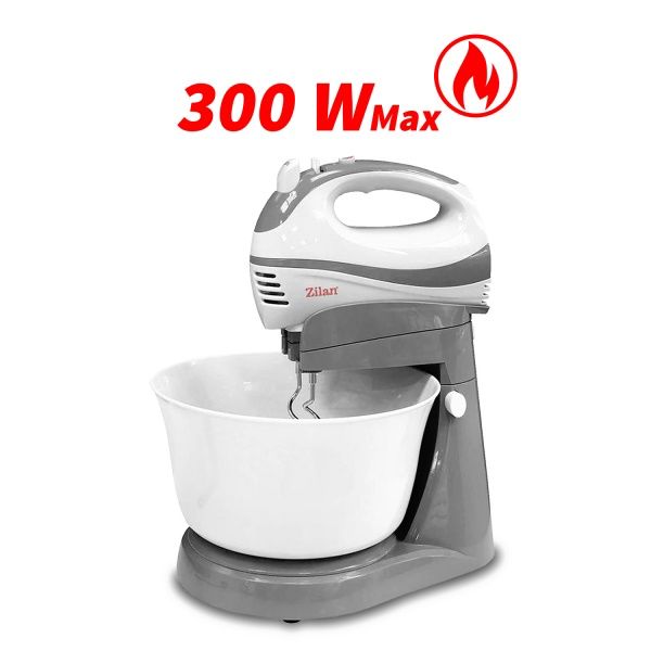 Mixer cu bol Zilan ZLN 8419 – 300W, 5 viteze + funcție Turbo, bol rotativ 2.5L, 2 seturi de teluri din inox, design 2 în 1 🧁