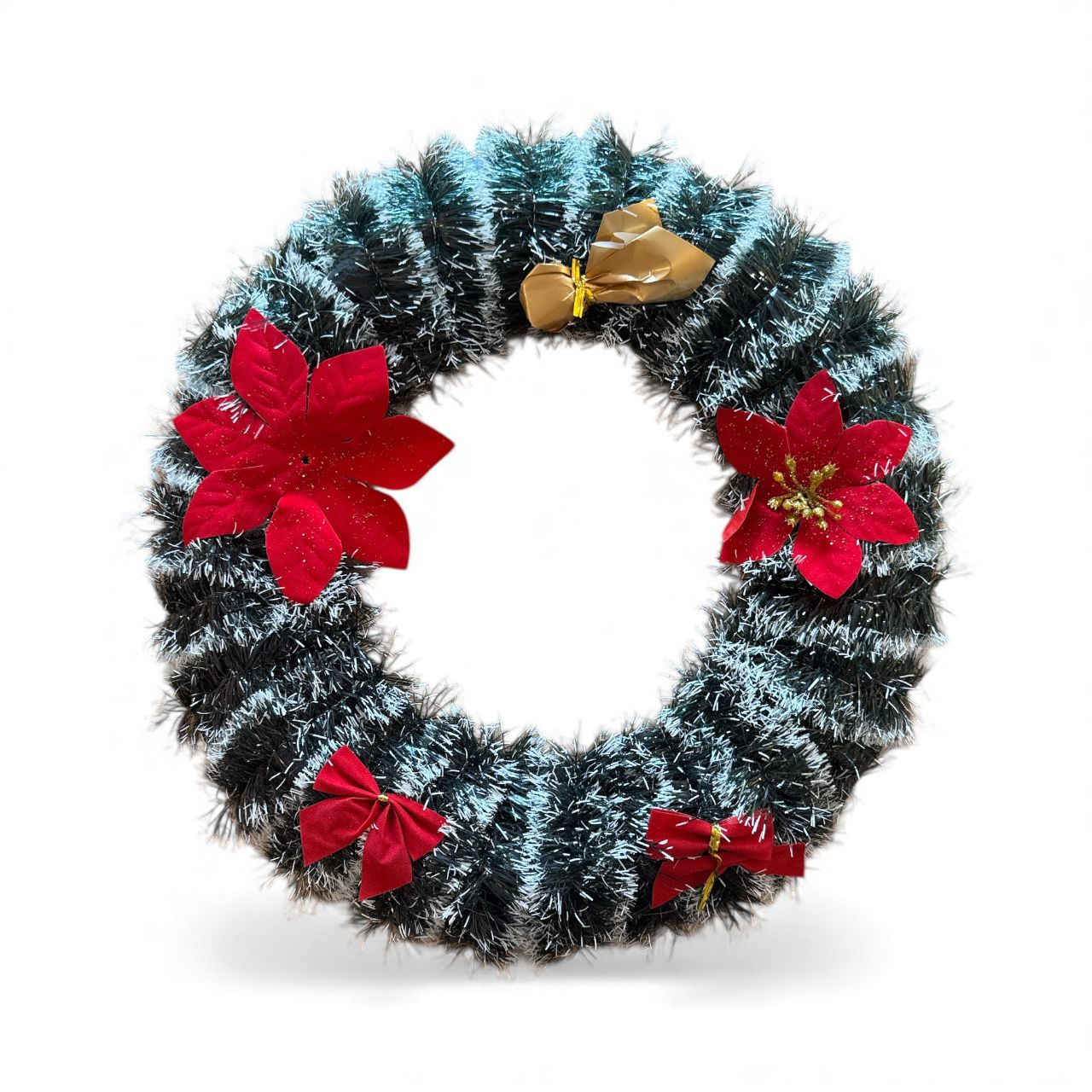 🎄 Coroniță Decorativă de Crăciun – 40 cm – Model Deluxe cu Poinsettia & Fundițe