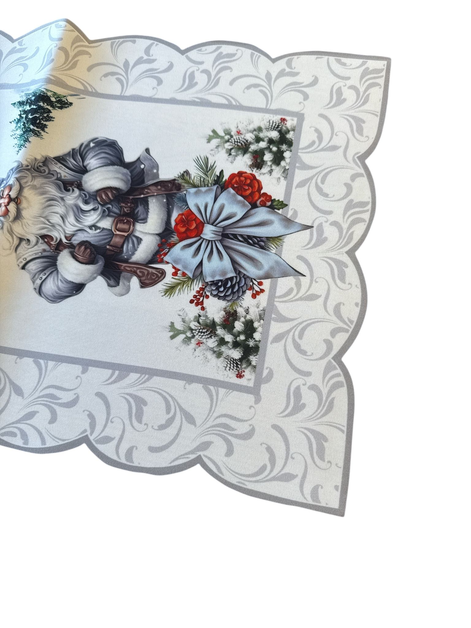 🎅❄️ Mileu Decorativ de Crăciun – 40×90 cm – Model Moș Crăciun Gri & Accente Iernatice