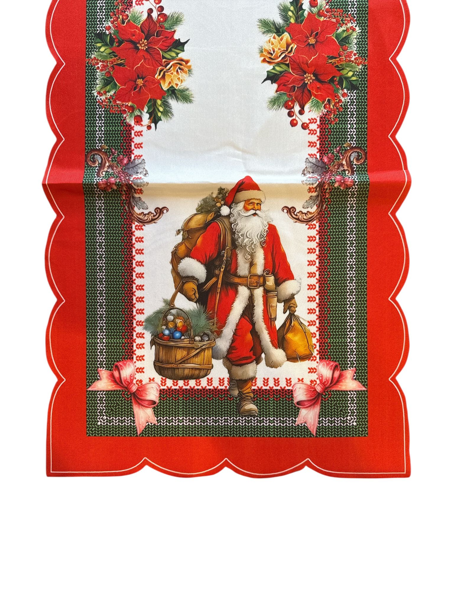 🎄🎅 Mileu Decorativ de Crăciun – 40×90 cm – Model Moș Crăciun Tradițional & Poinsettia