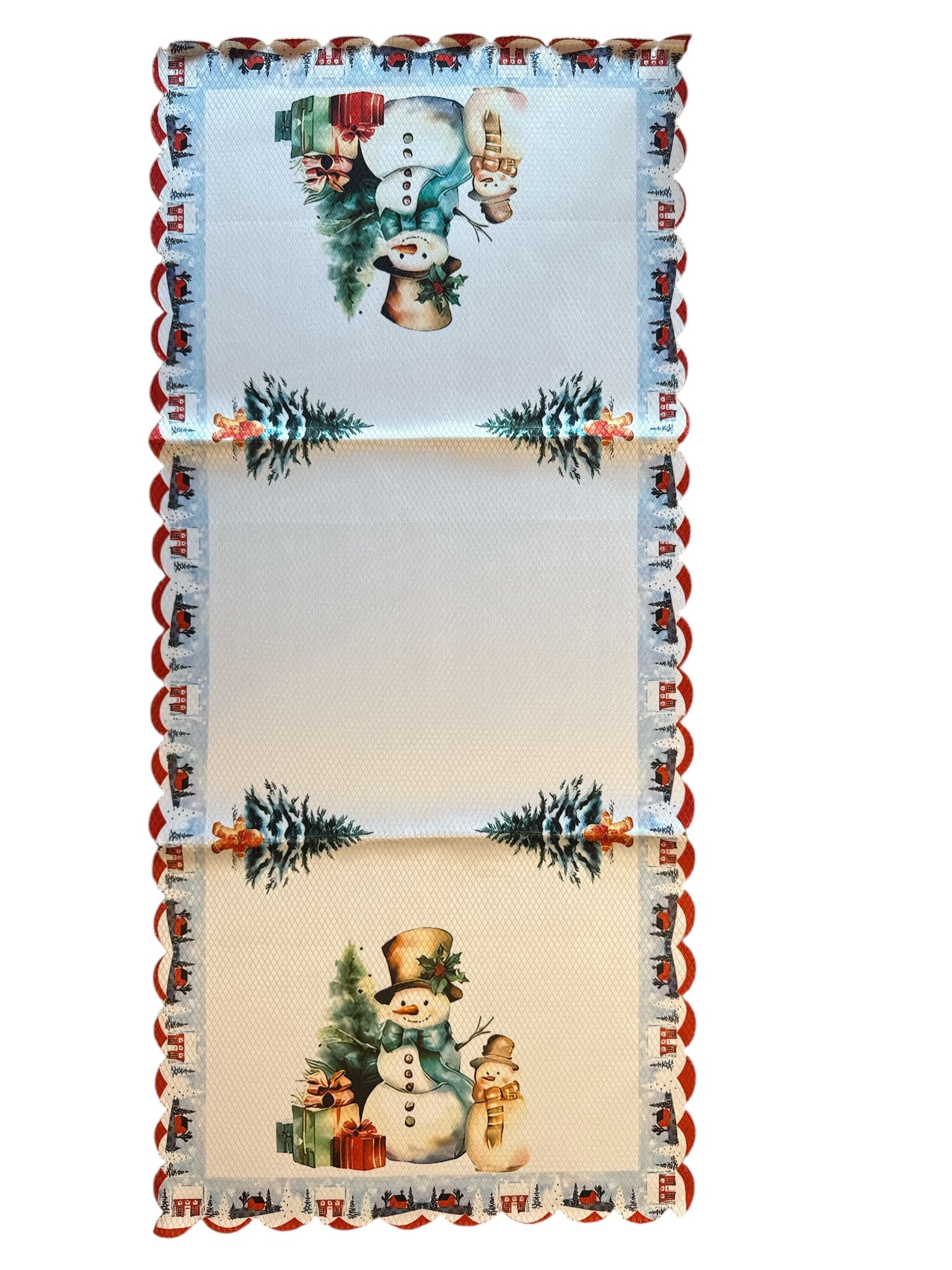 ⛄🎄 Mileu Decorativ de Crăciun – 40×85 cm – Model Oameni de Zăpadă & Brad Împodobit