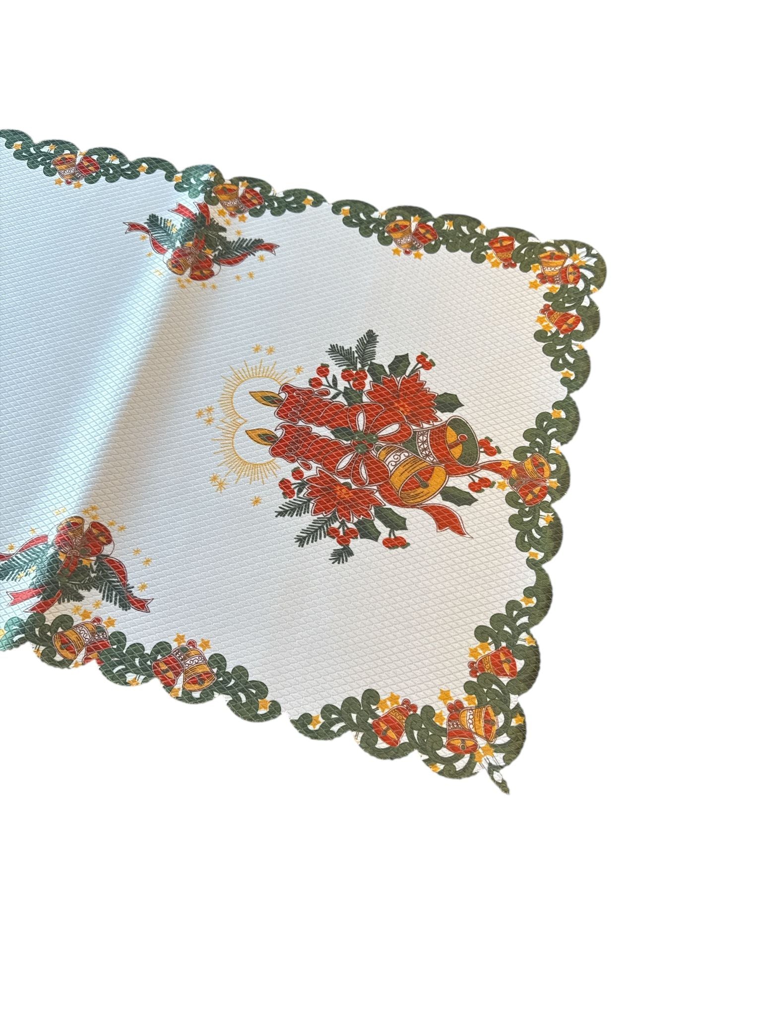 🕯️🎄 Mileu Decorativ de Crăciun – 40×85 cm – Model Lumânări, Clopoței & Margine Verde Festivă