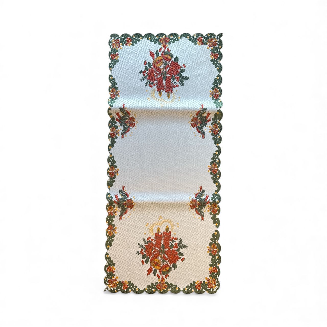 🕯️🎄 Mileu Decorativ de Crăciun – 40×85 cm – Model Lumânări, Clopoței & Margine Verde Festivă